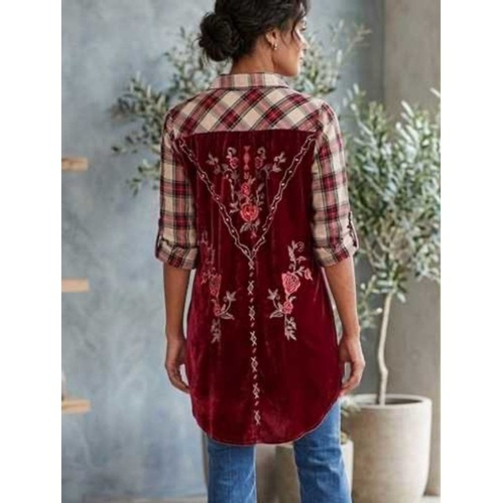 Kyla Seo Women Cotton Silk Plaid Button Up XL Red Velvet Floral Embroidered